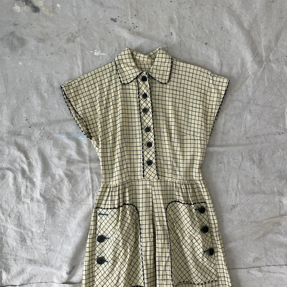1940s Ivory/Black Cotton Checker Print Peter Pan Collar Day Dress Pockets RicRac